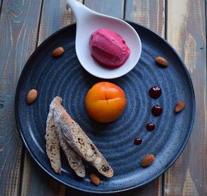 Damson Ice cream with Poached Pe