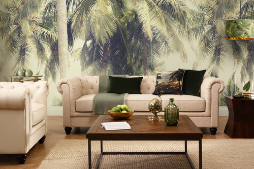 Tropical mural living space with sofa