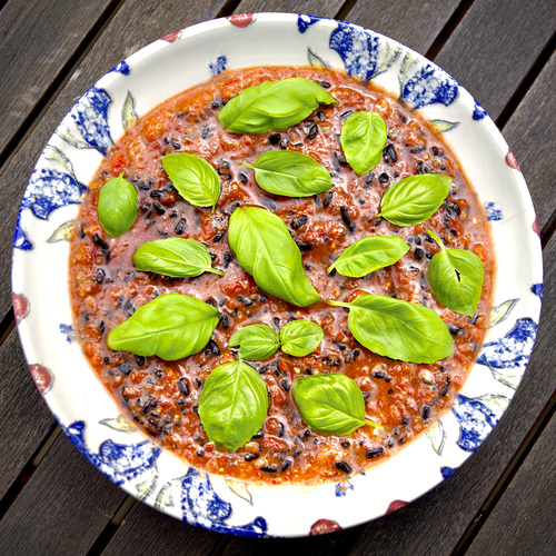 Gazpacho, black rice and basil 