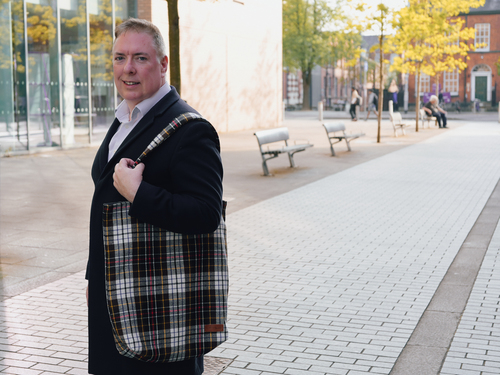 George Greer with a revamped tartan bag