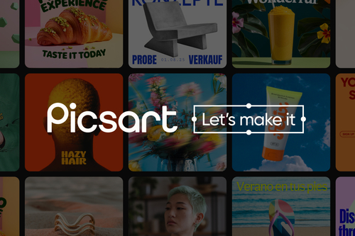 Picsart logo + tagline + Admaker graphic